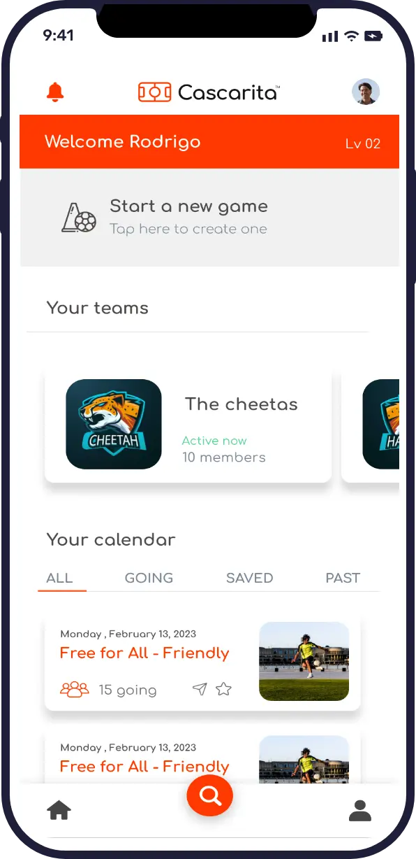 Main app view to create games and teams